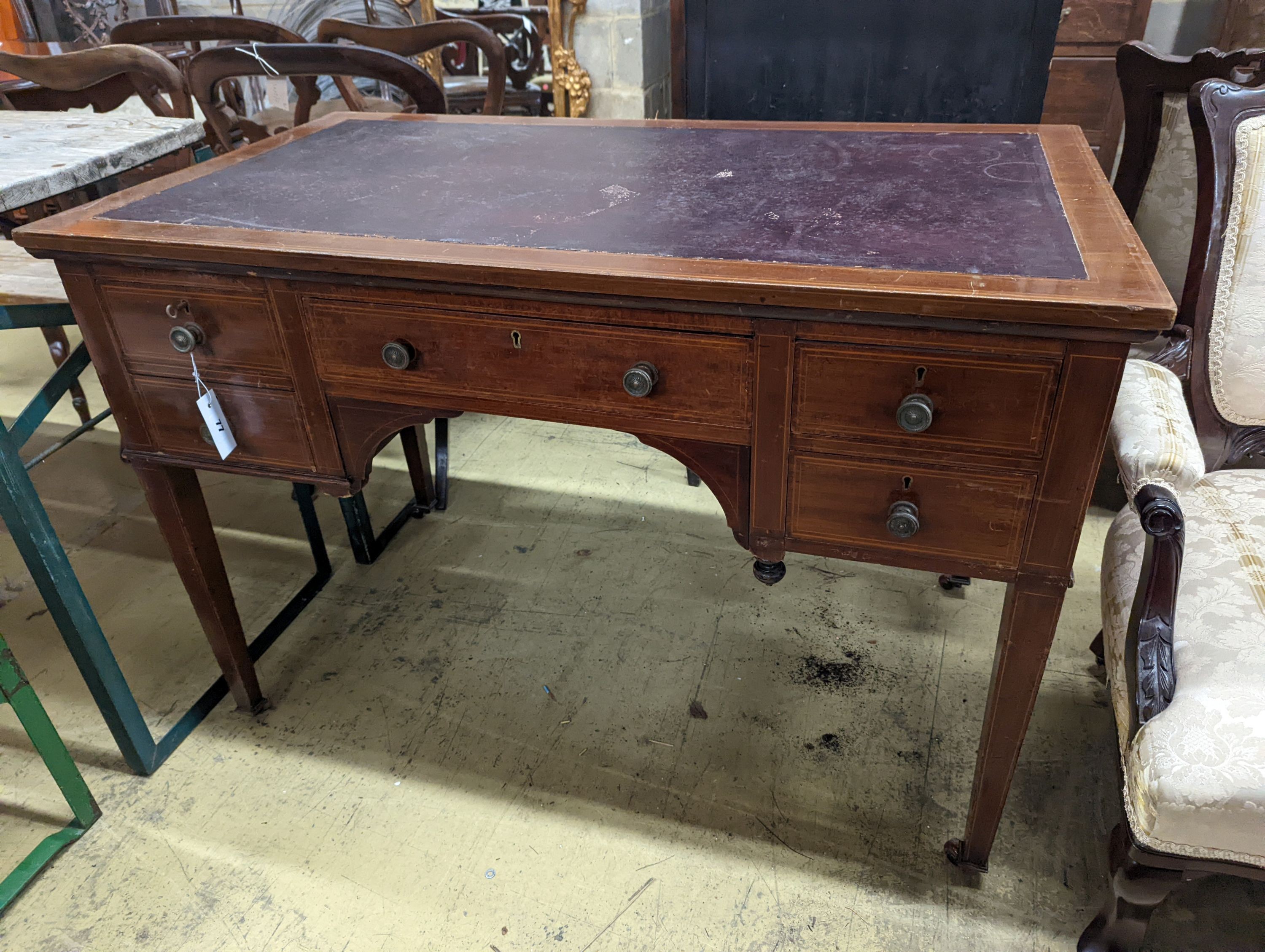 An Edwardian inlaid mahogany kneehole writing table, width 107cm, depth 60cm, height 75cm